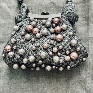 Valentino Garavani Pearl Embellished Silver Clutch